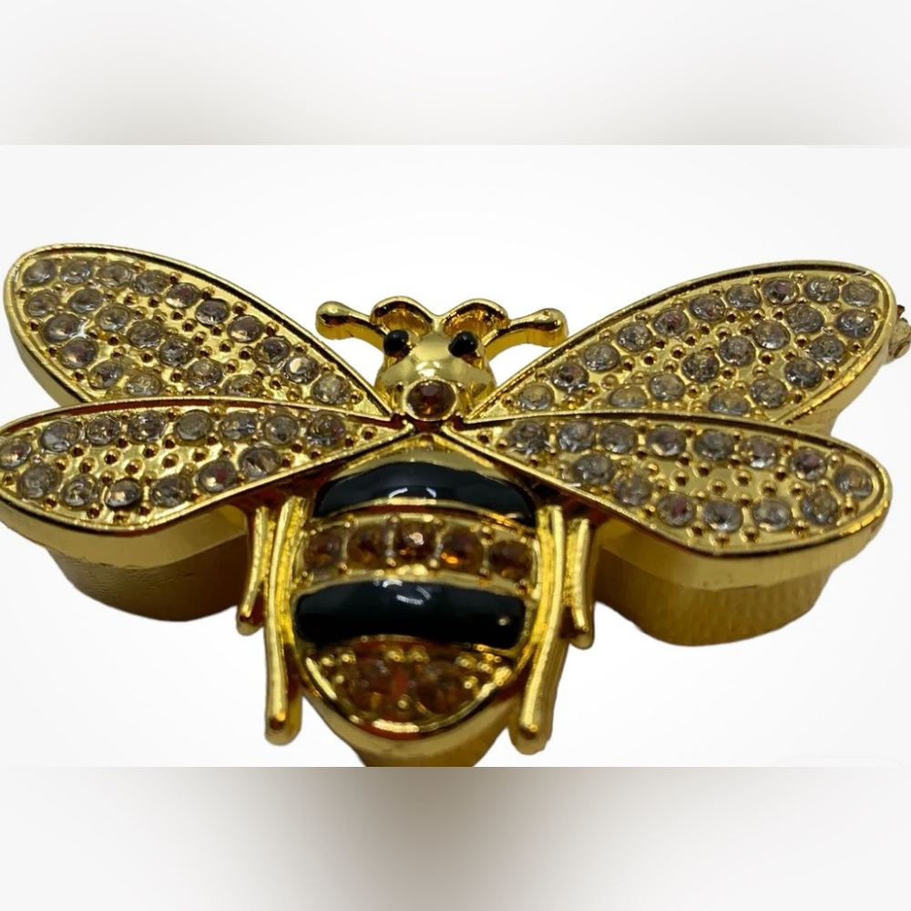 Bumble Bee, Gold Trim Rhinestone Enameled Trinket Box  2 3/4” EUC